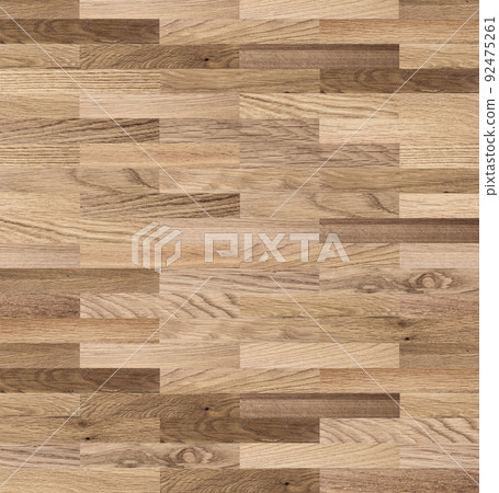 Brown Beige Texture of stained oak wood with grain, fragment of a wooden panel hardwood. surface bark is used as natural background, web page, board, table. Contrasts and symmetries. Space for text. 92475261