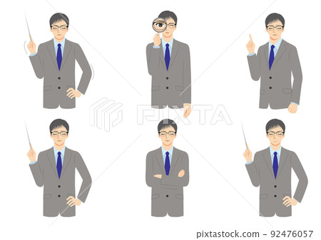 工作男性插圖集上身灰色西裝黑髮眼鏡 92476057