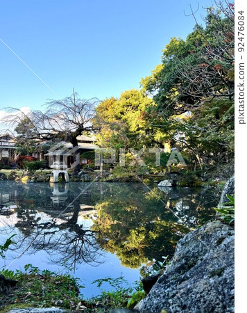 新鮮的綠色日本庭院和反射 92476084