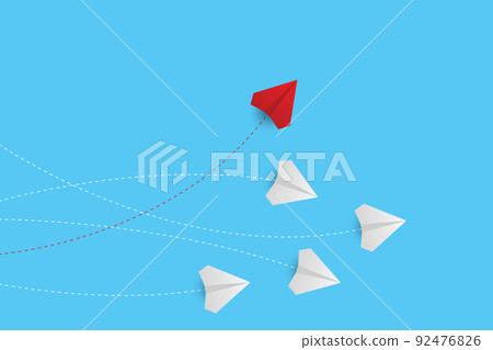 Creative paper planes on blue background. Think differently concept. Red airplane changing direction. New idea, change, trend, courage, creative solution, innovation and unique concept. 92476826