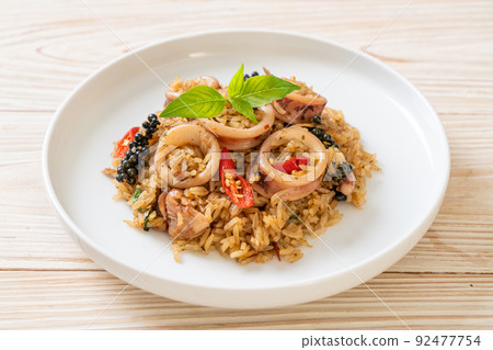 Basil and Spicy Herb Fried Rice with Squid or Octopus 92477754