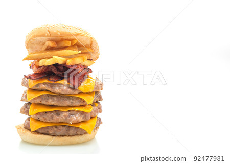 pork hamburger or pork burger with cheese, bacon and french fries on white background pork hamburger or pork burger with cheese, bacon and french fries on white background 92477981