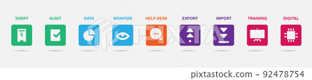 Vector data and business icons set. White glyph pictures on colored square Vector data and business icons set. White glyph pictures on colored square 92478754
