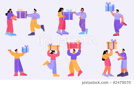 Happy people hold gift boxes, give presents Happy people hold gift boxes, give presents 92479070