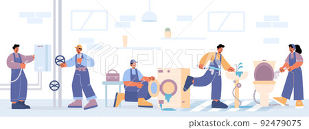 Plumbers team repair toilet, sink in bathroom Plumbers team repair toilet, sink in bathroom 92479075