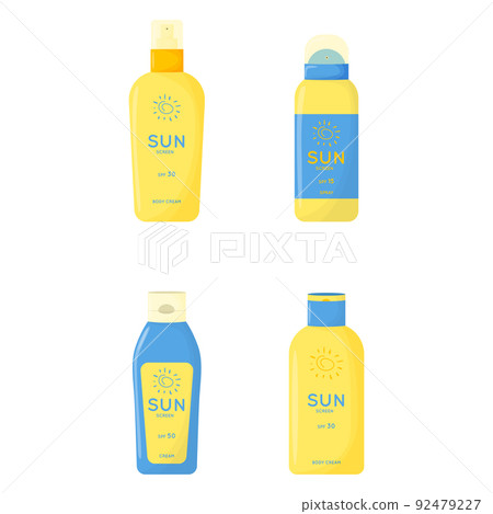 Skin care products. Sun safety, UV protection collection. Tubes and bottles of sunscreen products with SPF: cream, lipstick, spray. Summer cosmetic. Flat vector illustration isolated on white 92479227