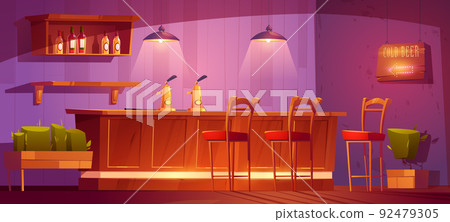 Bar with wooden counter, beer pumps and bottles Bar with wooden counter, beer pumps and bottles 92479305