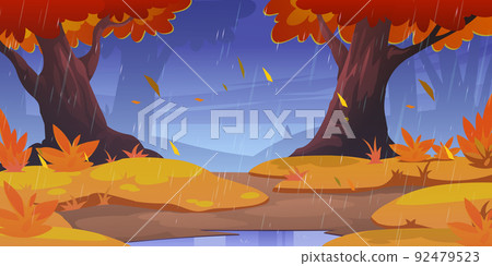 Rain in autumn forest, wild nature landscape, fall 92479523