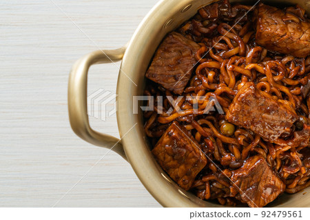 Jjapaguri or Chapaguri, Korean Black Beans Spicy Noodles with Beef Jjapaguri or Chapaguri, Korean Black Beans Spicy Noodles with Beef 92479561