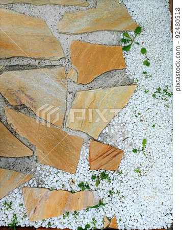 Grass growing between the paving stones in the garden 92480518