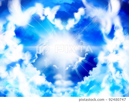 Illustration of the white wings of an angel making a heart mark and the divine light shining from the sky shining through the gaps in the sea of clouds Illustration of the white wings of an angel making a heart mark and the divine light shining from the sky shining through the gaps in the sea of clouds 92480747
