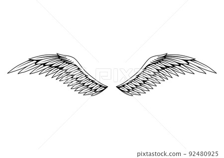 Vintage heraldic wings sketch. Monochrome stylized birds wings. Hand drawn contoured stiker wing in open position. Design elements in coloring style Vintage heraldic wings sketch. Monochrome stylized birds wings. Hand drawn contoured stiker wing in open position. Design elements in coloring style 92480925