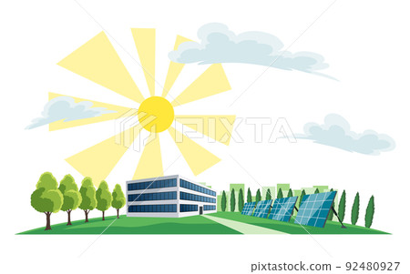 Clean electric energy concept. Renewable electricity resource from solar panels. Ecological change of the future. City skyline and nature landscape on background Clean electric energy concept. Renewable electricity resource from solar panels. Ecological change of the future. City skyline and nature landscape on background 92480927