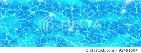 Swimming pool surface top view horizontal background with sunlight glare reflections, caustic ripples and waves 92481604