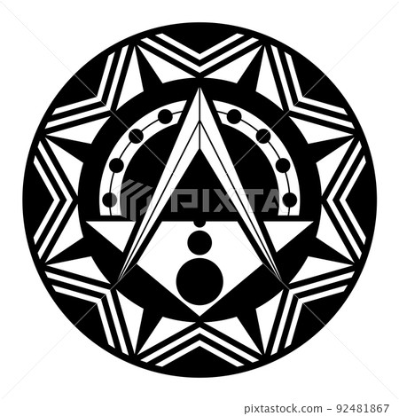 Square and Compasses, sign in a disk with octagonal pattern. Freemasonry symbol, with a dotted arc, surrounded by a pattern of an eight-pointed star. Crop circle pattern, found at Devizes, Wiltshire. 92481867