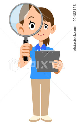 A female staff member wearing a name tag in a short-sleeved polo shirt holding documents and looking through a magnifying glass A female staff member wearing a name tag in a short-sleeved polo shirt holding documents and looking through a magnifying glass 92482128