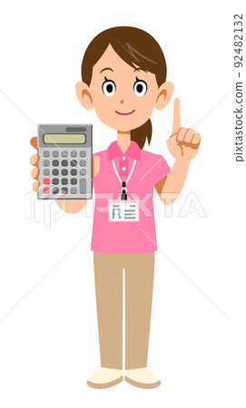 A female staff member wearing a name tag in a short-sleeved polo shirt holding a calculator and raising her index finger. A female staff member wearing a name tag in a short-sleeved polo shirt holding a calculator and raising her index finger. 92482132