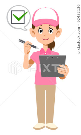 Female staff wearing a hat in a short-sleeved polo shirt to fill out a check sheet 92482136