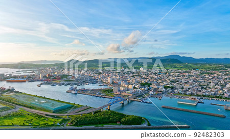 Aerial view of a tropical port town 92482303