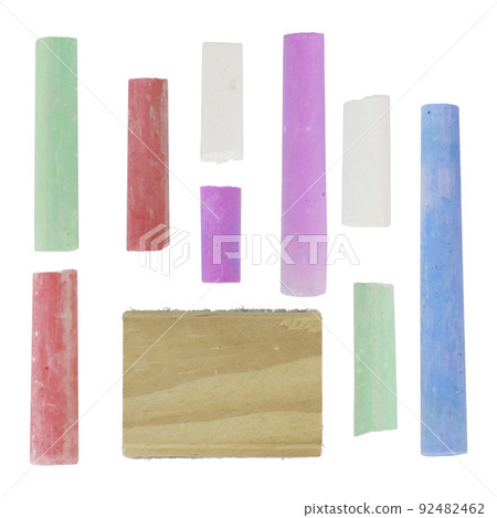 Collection of colorful chalks and wooden black board erasers. Isolated on white 92482462