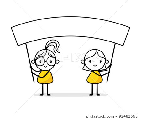 Two women hold empty blank banner. Claim concept. Vector stock illustration 92482563