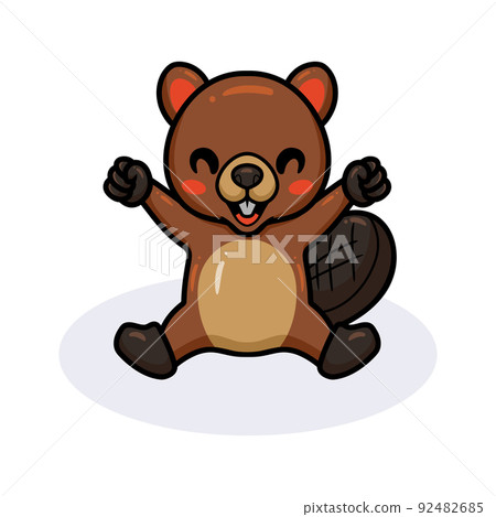 Cute little beaver cartoon sitting and raising hands 92482685
