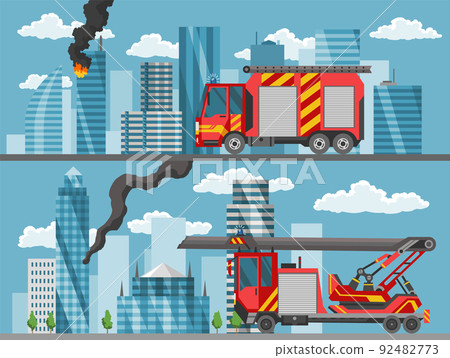 Fire truck on city town lanscape in flat style. Fire engine. Emergency fire vehicle template. Red transportation for firefighting or fire extinguishing design element Fire truck on city town lanscape in flat style. Fire engine. Emergency fire vehicle template. Red transportation for firefighting or fire extinguishing design element 92482773