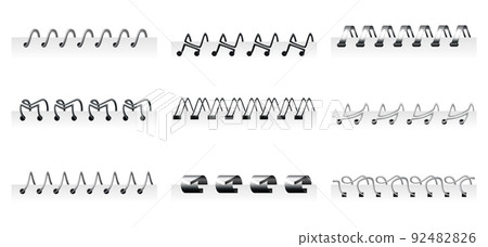 Notebook spirals, wire steel ring bindings and springs for diary. Spiral binder or ringed for paper calendar. Page dividers or metal stitch 92482826