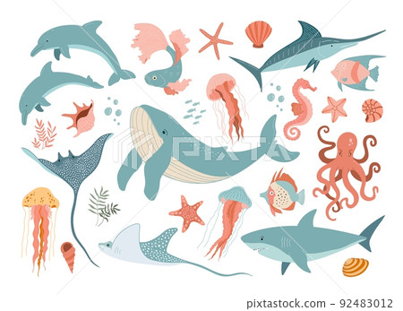 Set with hand drawn sea animals and elements. Dolphins, fish, shark, jellyfish, octopus, whale, shells, seaweed and corals isolated on white background. Beautiful underwater world in flat style. 92483012