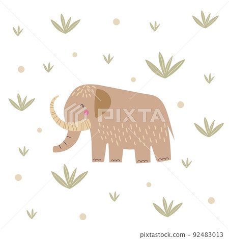 Cartoon cute mammoth vector illustration. Funny prehistoric elephant kids poster. Ice age Cartoon cute mammoth vector illustration. Funny prehistoric elephant kids poster. Ice age 92483013