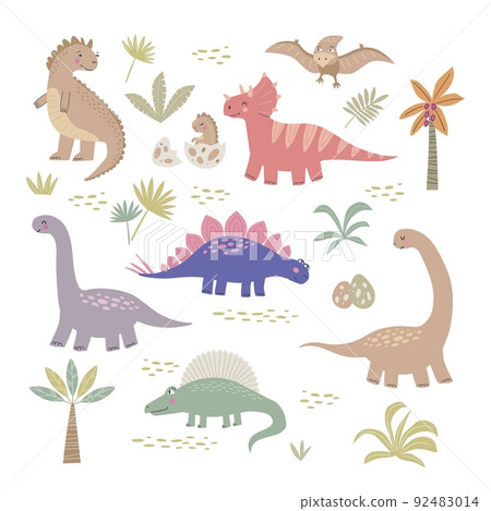 Set of cute dinosaur vector illustrations . Prehistoric lizard collection isolated on white background. Hand drawn cartoon characters reptiles 92483014