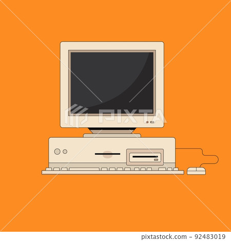 Old PC with monitor keyboard and mouse in flat style. Retro computer. Nostalgia for 1990s 92483019