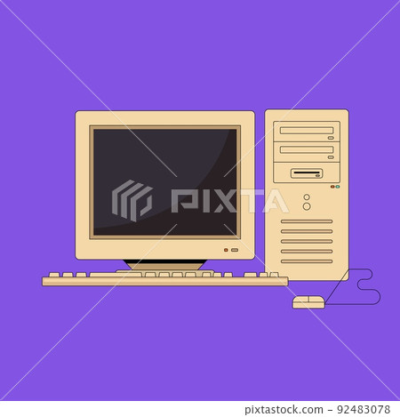 Retro computer. Old PC with monitor keyboard and mouse in flat style. Nostalgia for 1990s 92483078