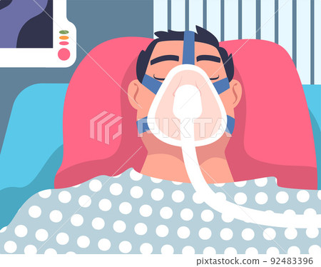 Man Patient in Hospital Having Artificial Lung Ventilation Being in Critical Condition Lying on Bed with Mask Vector Illustration 92483396