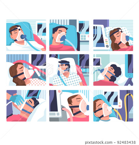 Patients in Hospital Having Artificial Lung Ventilation Being in Critical Condition Lying on Bed with Mask Vector Set 92483438