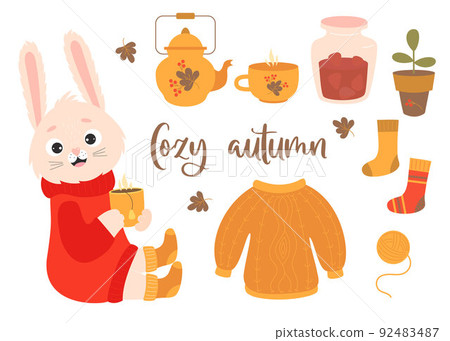 Vector set of cozy autumn. Cute rabbit with cup of hot tea, knitted clothes, teapot, strawberry jam, an indoor flowerpot and ball of thread. Vector illustration. Isolated elements for fall design. 92483487