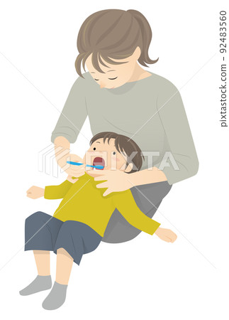 Parents and children brushing children's teeth and finishing on their lap 92483560