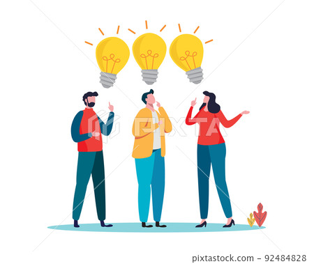People Brainstorming for new idea, creative business ideas with a light bulbs. Business solution concept. Flat cartoon vector illustration 92484828
