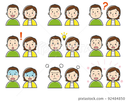 Illustration set of various facial expressions of young men and women Illustration set of various facial expressions of young men and women 92484850