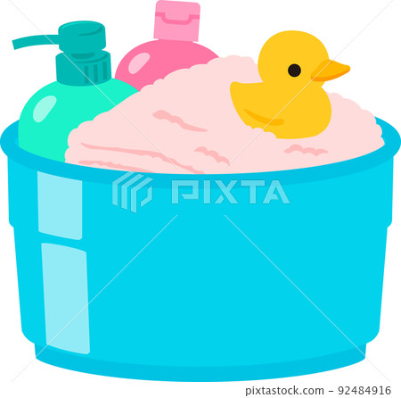 A tub with shampoo and towels 92484916
