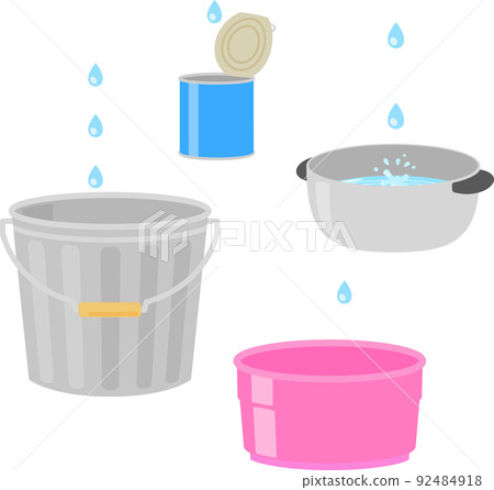 Buckets, pots, and leaks that receive falling water droplets 92484918