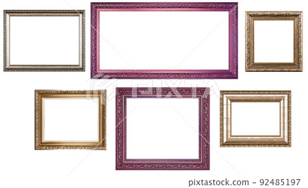 Set Classic Old Vintage Wooden mockup canvas frames isolated on white background. Blank Beautiful and diverse subject moulding baguette. Design element. use for framing paintings, mirrors or photo. 92485197