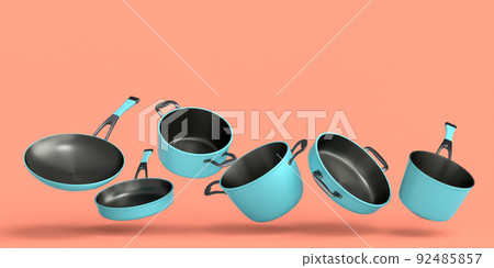 Set of flying stewpot, frying pan and chrome plated cookware on coral background 92485857