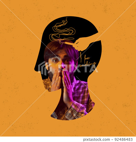 Contemporary art collage. Conceptual image. Young man suffering from smoking addictions. Head silhouette Contemporary art collage. Conceptual image. Young man suffering from smoking addictions. Head silhouette 92486483