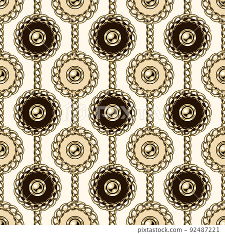 Seamless pattern with circles with gold chains, beads. Vertical lined up elements on a beige background. 92487221