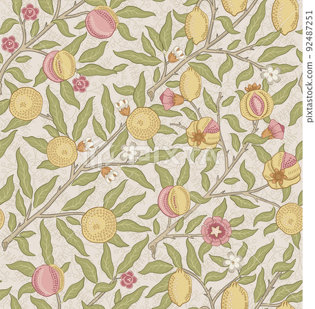 Vintage tropical fruit seamless pattern on light background. Middle ages William Morris style. Vector illustration Vintage tropical fruit seamless pattern on light background. Middle ages William Morris style. Vector illustration 92487251