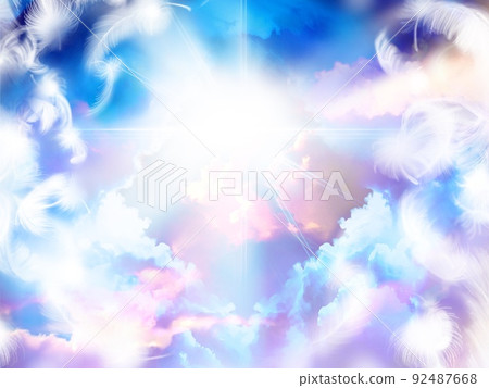 從天而降的白羽和從雲海縫隙中透出的光芒背後，是通向天堂的神秘大門的插圖 92487668