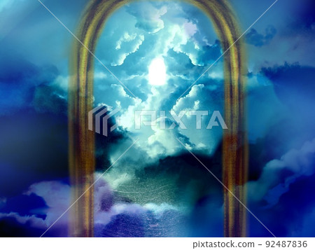 Illustration of a divine light shining through the gap between the golden gate leading to heaven and the sea of clouds 92487836