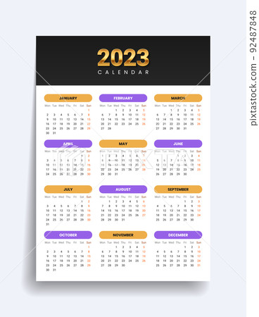 2023 gold calendar. Twelve months on one page. Red Sunday at the end of the week. Vector template 2023 gold calendar. Twelve months on one page. Red Sunday at the end of the week. Vector template 92487848