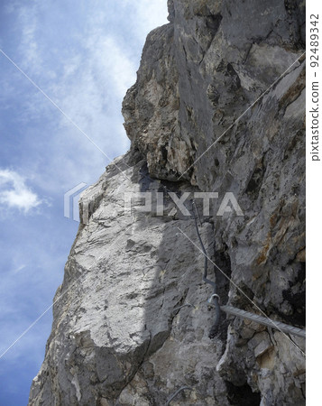 Via ferrata at high mountain lake Seebensee, Zugspitze mountain, Tyrol, Austria 92489342